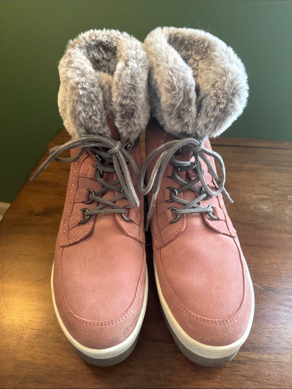 Cougar Rose Pink Lace-Up Faux Fur Collar Boots